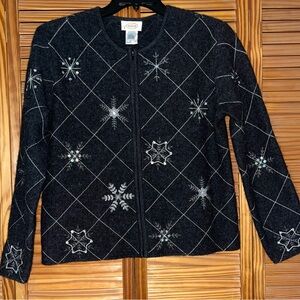 Talbots Snowflake Long Sleeve Zippered Wool‎ Sweater Size Medium Charcoal Gray